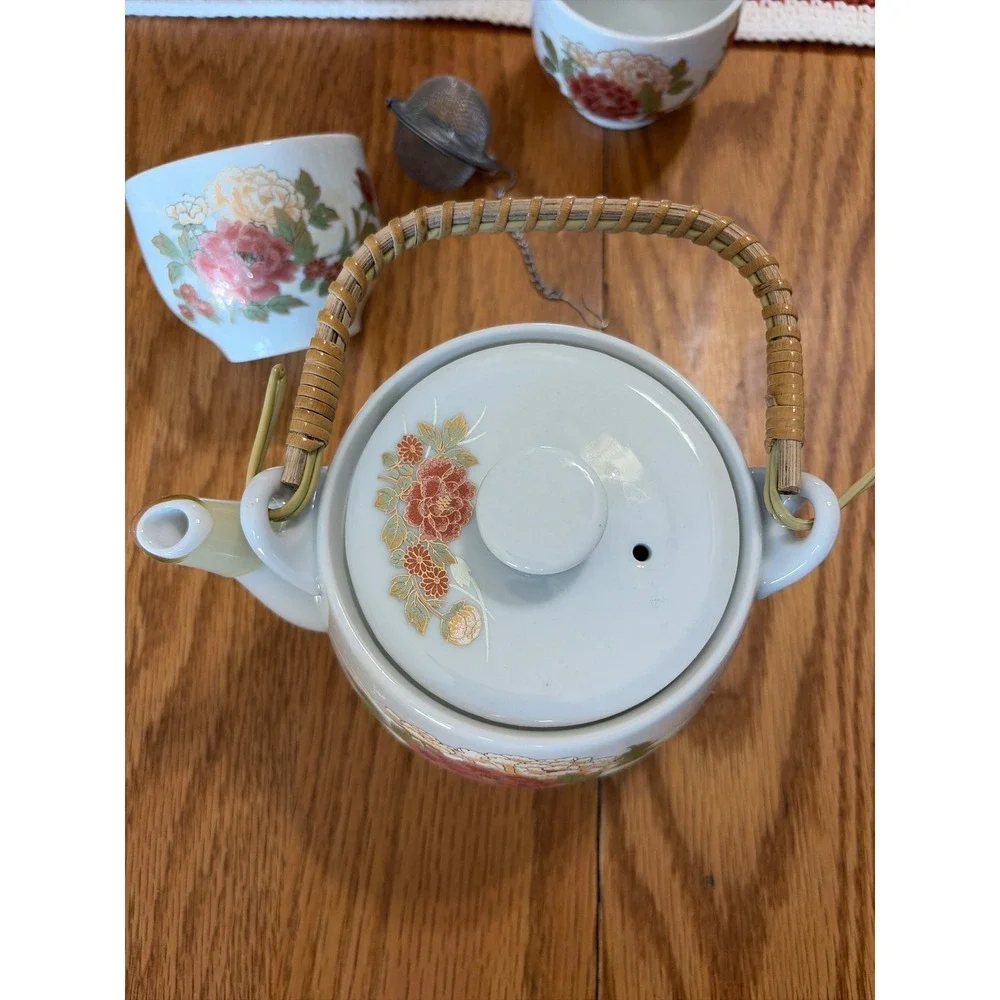Vintage Japanese Porcelain Tea Set Floral Peony Gold Gilt Teapot 3 Cups Infuser